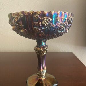 Vintage, Fenton Amethyst Carnival Glass Compote in the Cabbage Rose Pattern